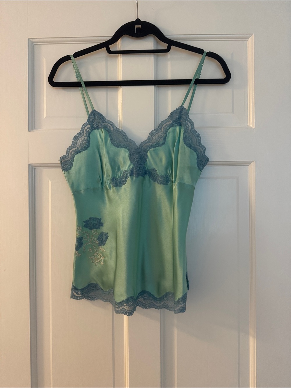 Gold Hawk - Satin Lace Trim Camisole in pale Green with Blue Lace